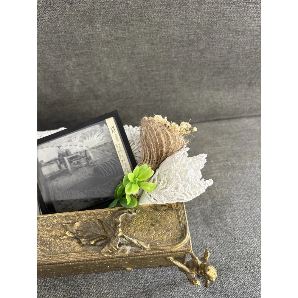 Vintage Upcycled Repurposed‎ Primitive Vignette Decor Gold Metal Tissue Box